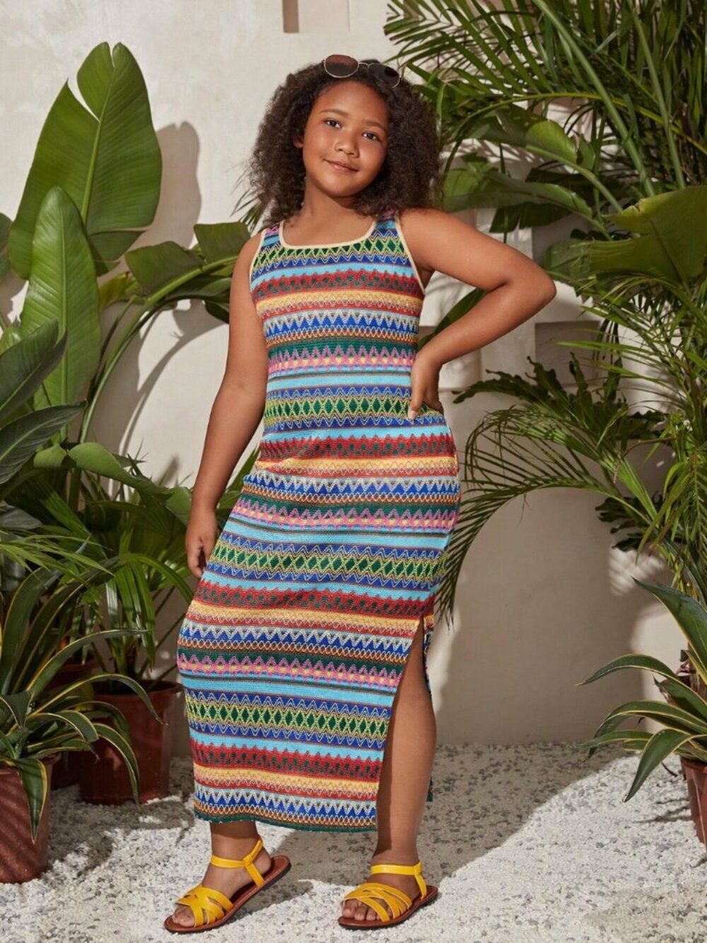 SHEIN Tween Girls Vibrant Knit Jacquard Sleeveless Slit Dress Size 9